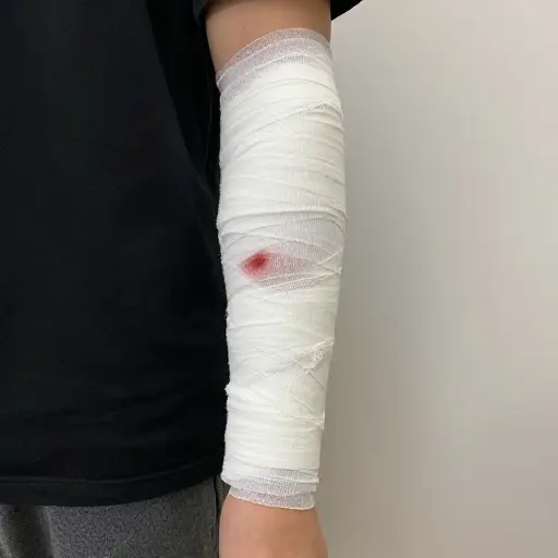 一个紧绷的带子被绑在他的手臂上以止血。