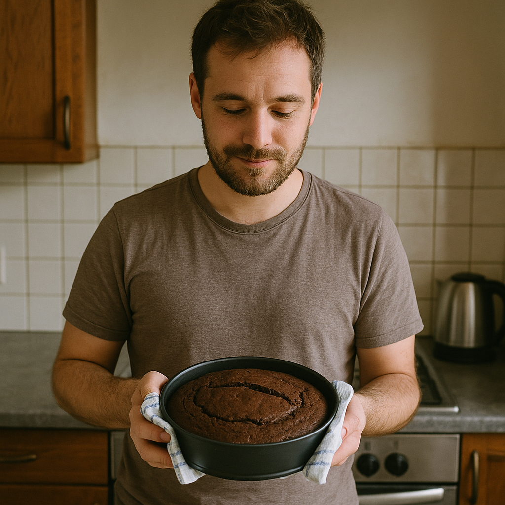 他昨天烤了一个巧克力蛋糕。