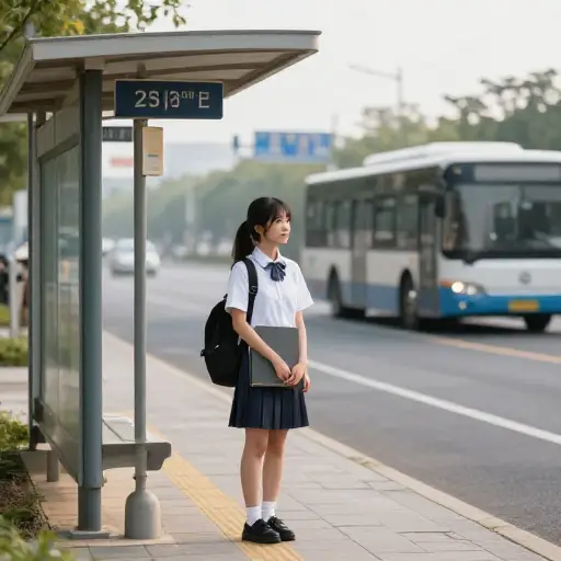 我每天在公交车站等车去上学。