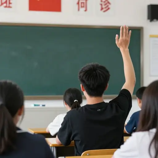 他举起手来问问题。