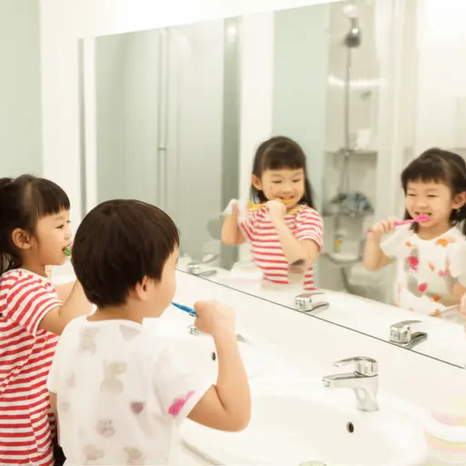 孩子们在浴室里刷牙。