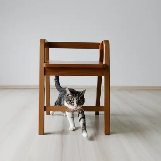 猫跑到了椅子后面。