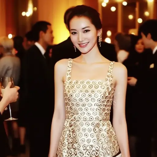 她在派对上穿着一件漂亮的裙子。