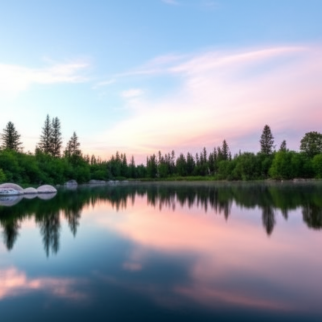 平静的湖面倒映着美丽的晚霞。