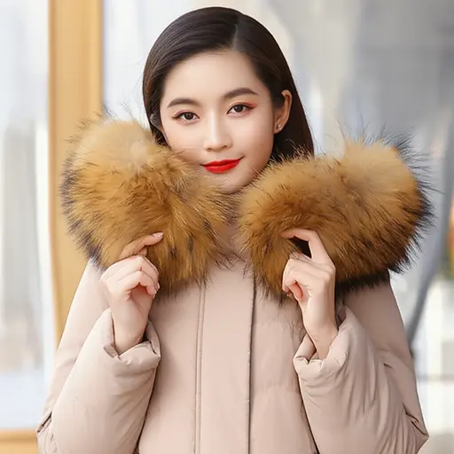 她的冬季外套有一个豪华的毛领，可以保暖脖子。