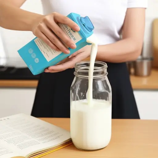 她为了食谱，小心地把罐子装满了新鲜奶油。