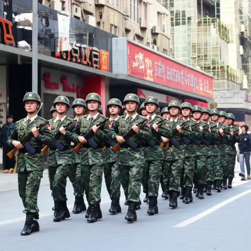 士兵们在街道上巡逻。