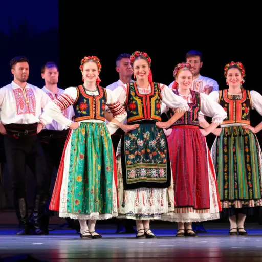 舞者们穿着传统的匈牙利服装表演。