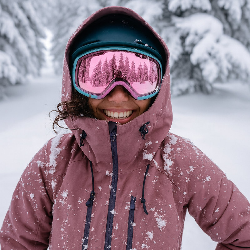 她戴着粉色的护目镜。