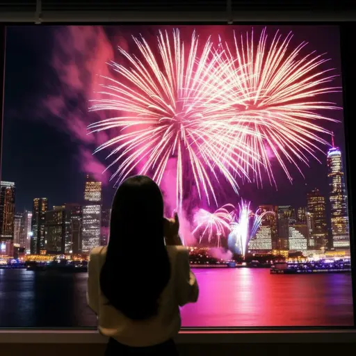 她能听到远处烟花爆炸的声音。