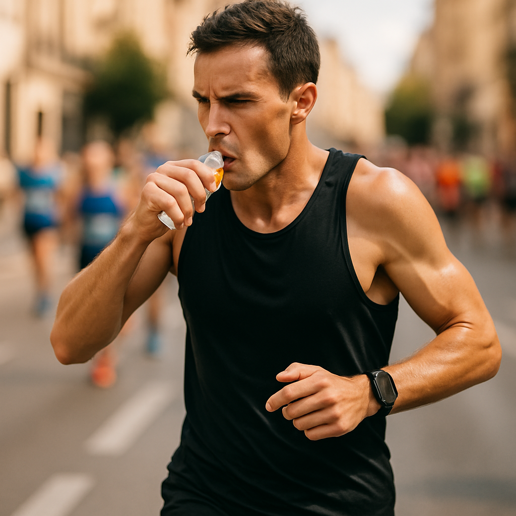 马拉松选手比赛中经常用能量胶快速补充体力。