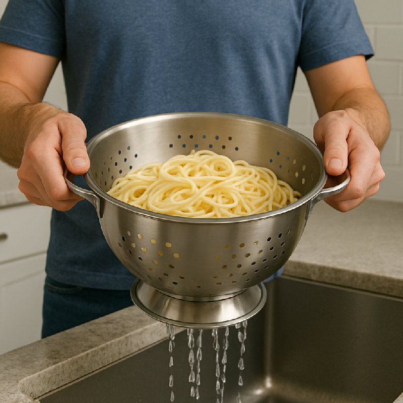 请用滤盆把意面沥干。