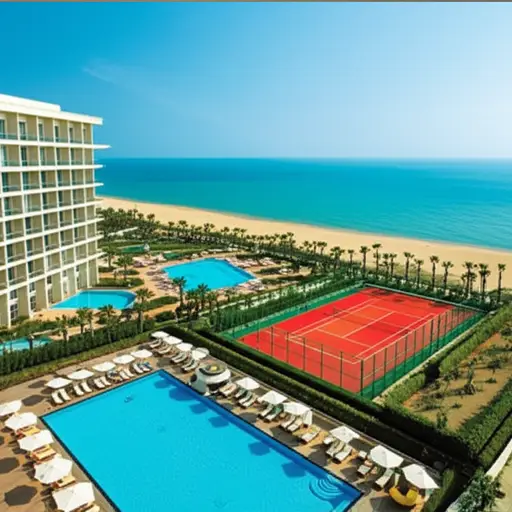 我住在一家带有游泳池、网球场和私人海滩的酒店。