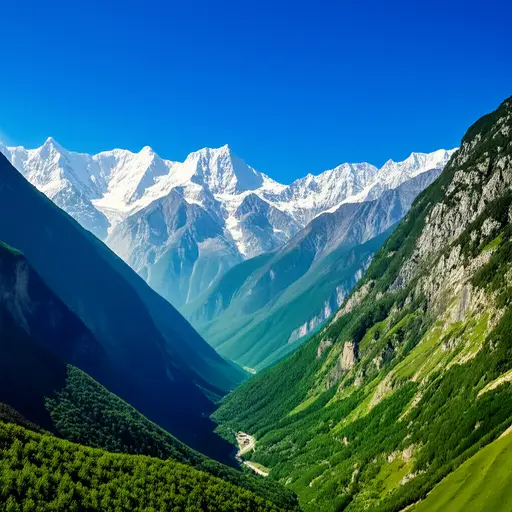 从山谷可以看到被雪覆盖的山峰。