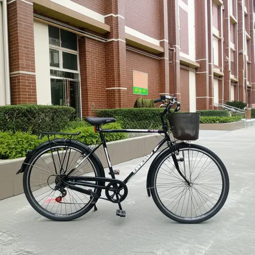 我的自行车停在学校外面。