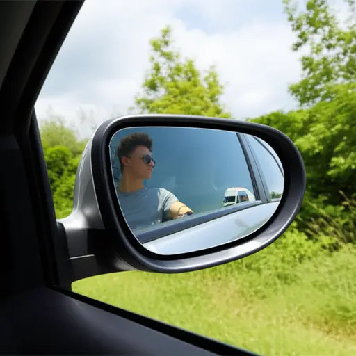 我看了看镜子，看到一辆白色货车。