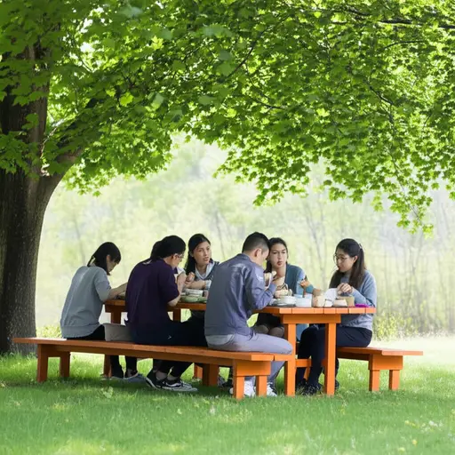 我们在户外吃午饭，感受着轻微的微风。