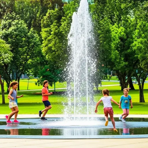 在炎热的日子里，孩子们喜欢在公园的喷泉周围玩耍。