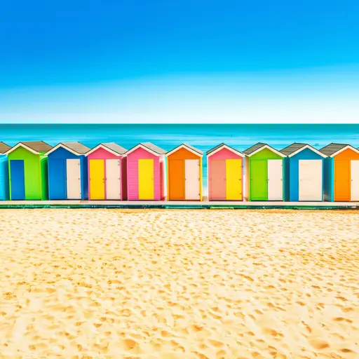 海岸边有一排色彩鲜艳的海滩小屋。