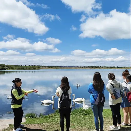 导游告诉我们他们叫它天鹅湖，因为有很多天鹅，并补充说这些天鹅来自全国各地。