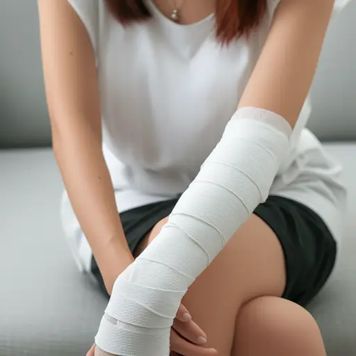 她的手臂从肘部到手指都缠着绷带。