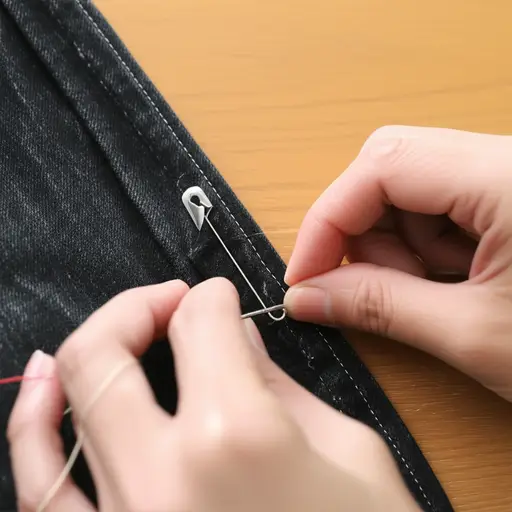 我会用别针把裤子的补丁固定好，然后再把它缝上。