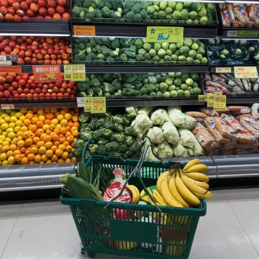 我们需要买水果、蔬菜、面包等等。