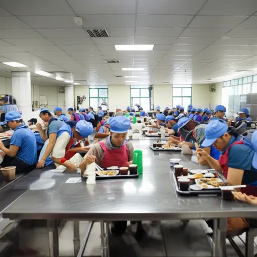 许多工人在工厂食堂吃饭。
