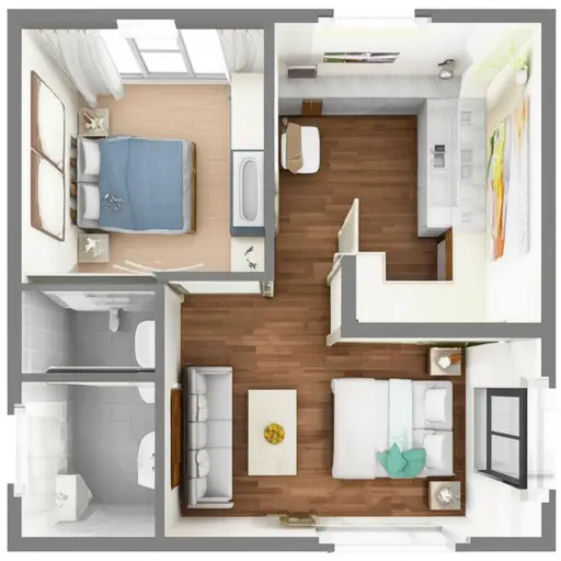 它有两间卧室、一个巨大的浴室、一个小厨房和一个漂亮的客厅。