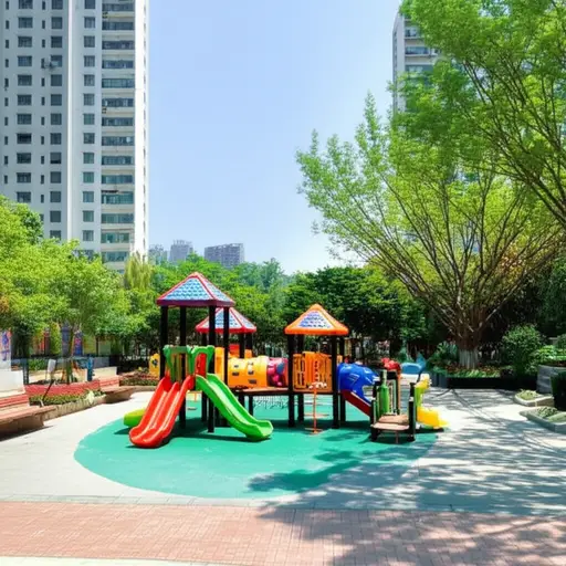 公园位于社区的中心，并且有一个游乐场。