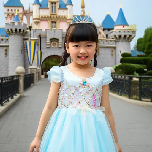 这个小女孩梦想着成为一位公主，住在城堡里。