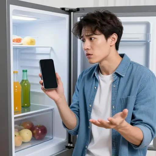 “你的手机怎么跑到冰箱里去了？” “（别问我）！我完全不知道。”