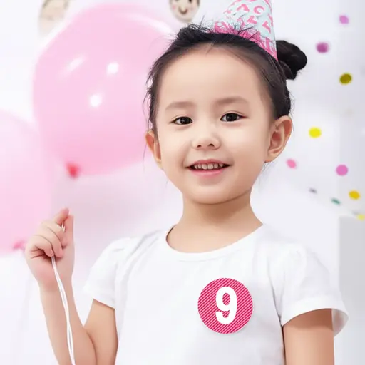 过生日的女孩戴着一个印有大大的数字9的徽章。