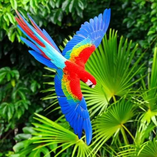 我们看到一只色彩鲜艳的鹦鹉在丛林中自由飞翔。