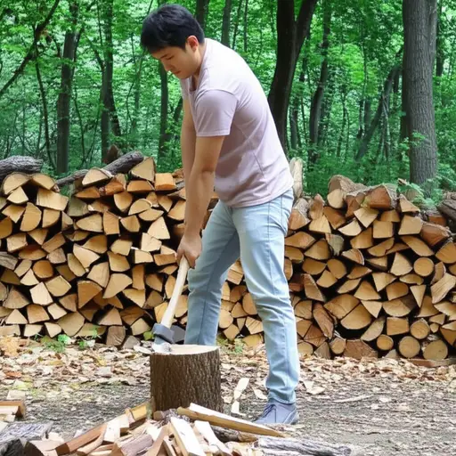 他为生火砍了木头。