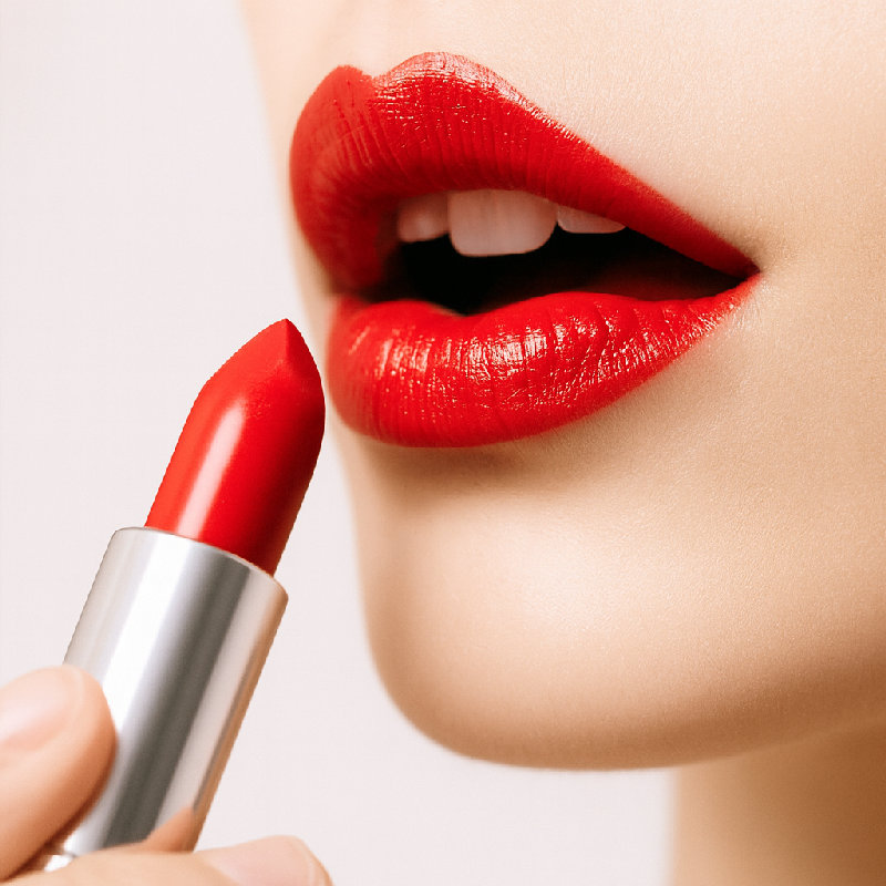 她为晚上出门选择了一支亮红色的口红。