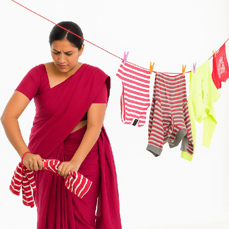 她用手拧干湿衣服。