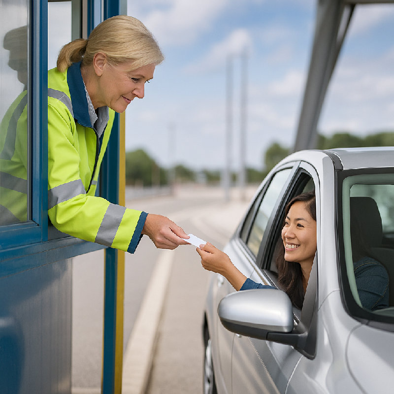 她正在收费站缴纳通行费。