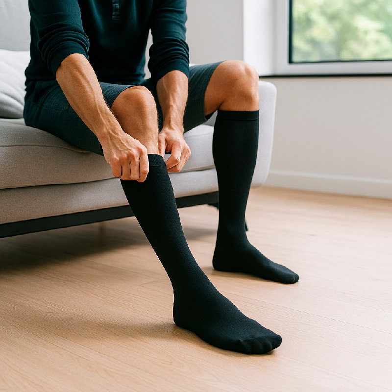 穿弹力袜有助于减轻腿部肿胀。