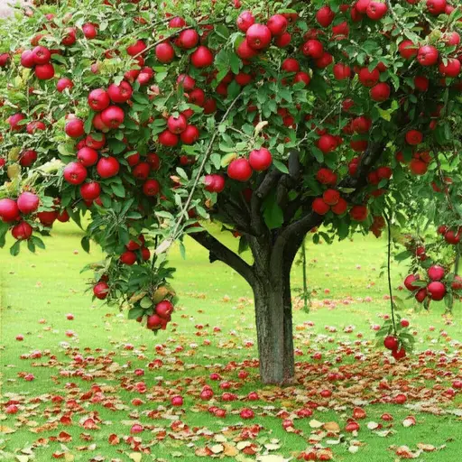 花园尽头的苹果树结了很多果子。