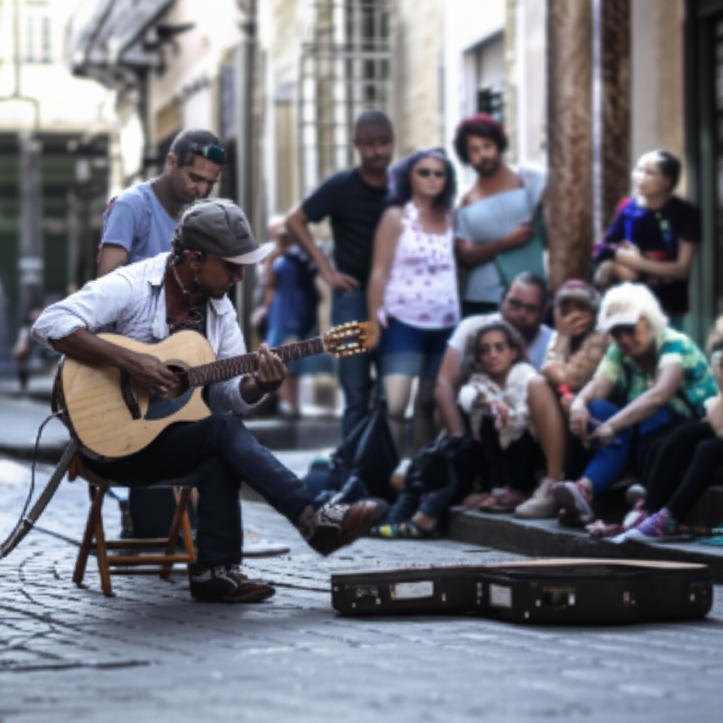 一位街头艺术家正在演奏吉他。