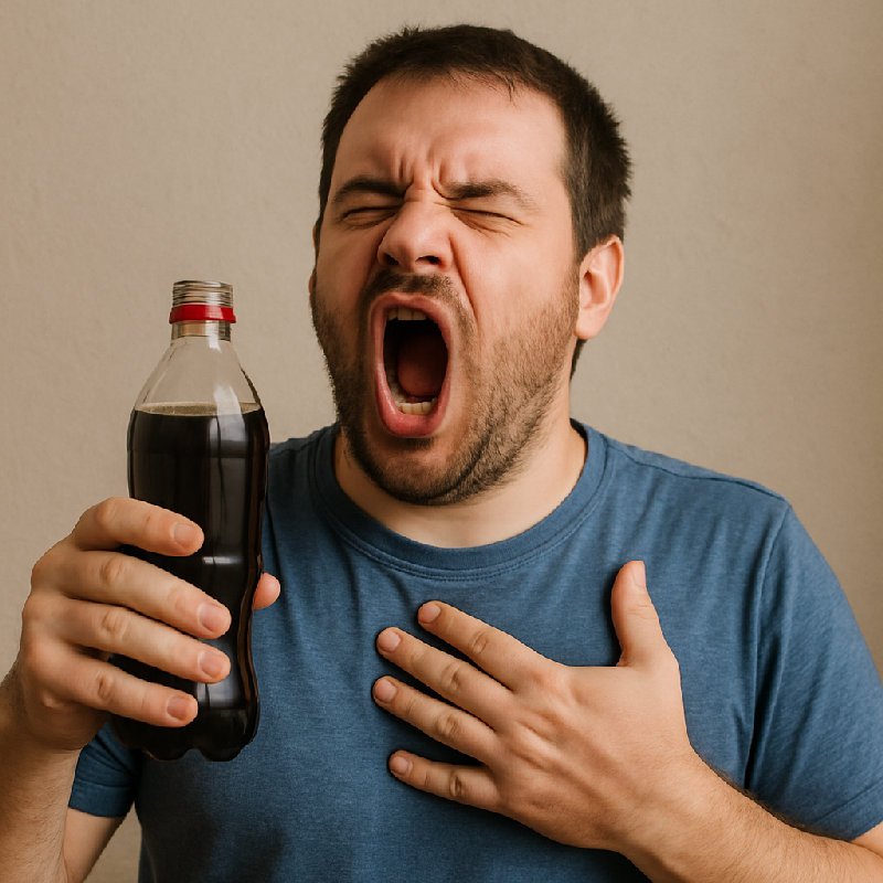 他喝完汽水后，打了一个响亮的嗝。