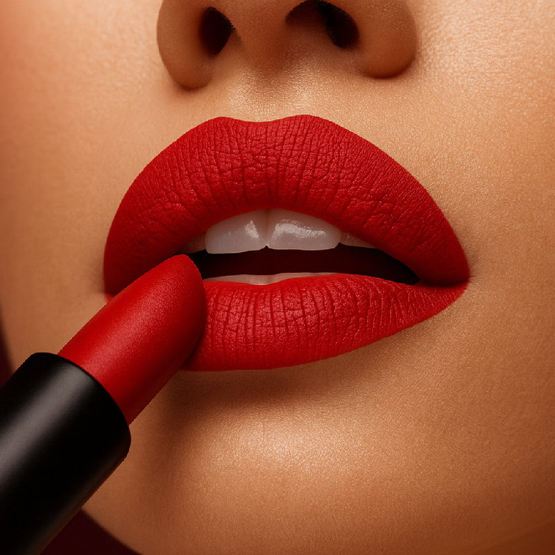 她在去参加派对前涂上了红色口红。