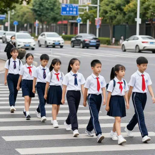 孩子们在老师的带领下安全地过了马路。