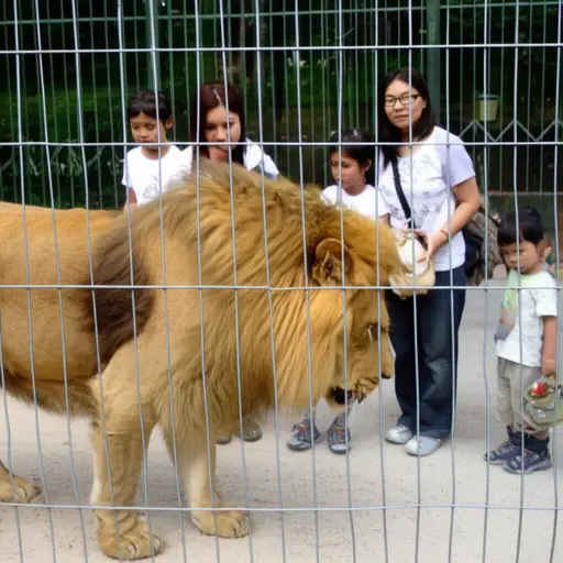 许多年轻人和孩子看着被残忍地关在栏杆后的动物。