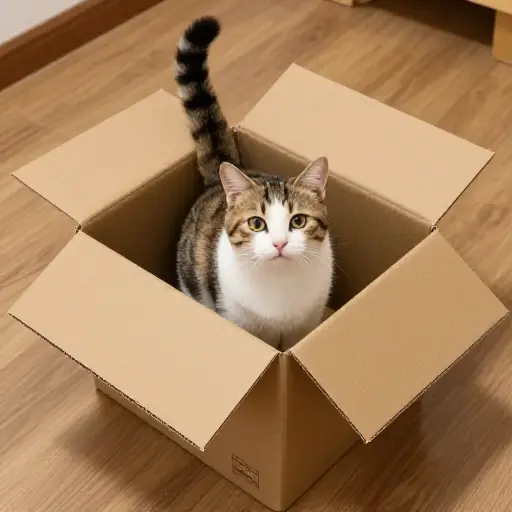 猫从盒子里跳了出来。