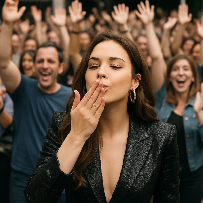 粉丝们大声欢呼，而明星则向人群送去一个飞吻。