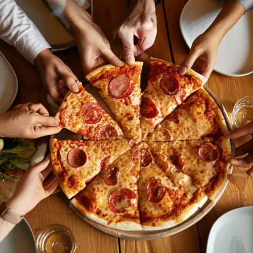 一个大披萨通常够三到四人吃。