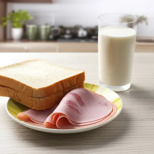 早餐我经常吃面包配火腿。