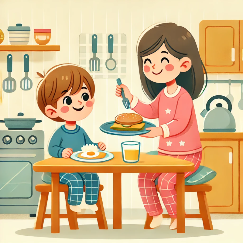 妈妈给我做早餐。